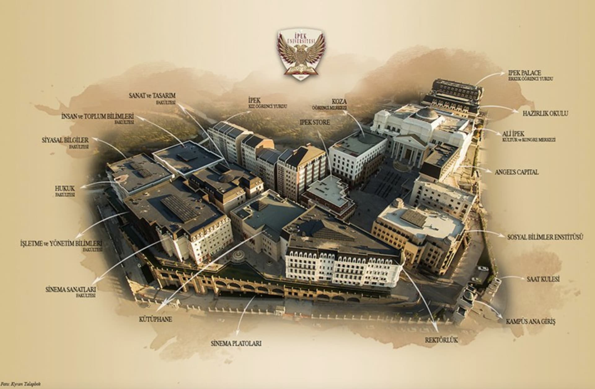 A drawn bird’s-eye view of the campus, with the university emblem above.
