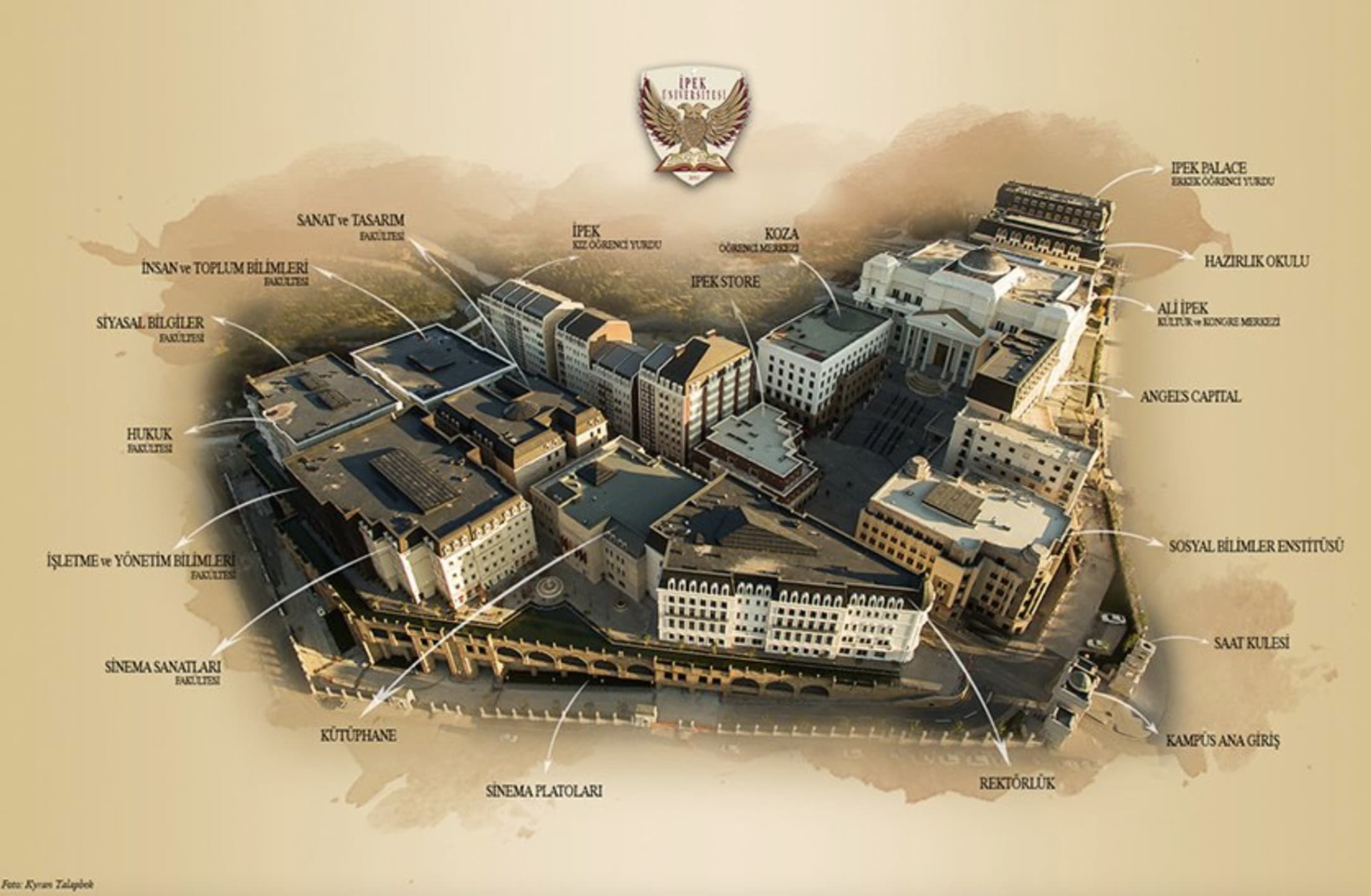 A drawn bird’s-eye view of the campus, with the university emblem above.