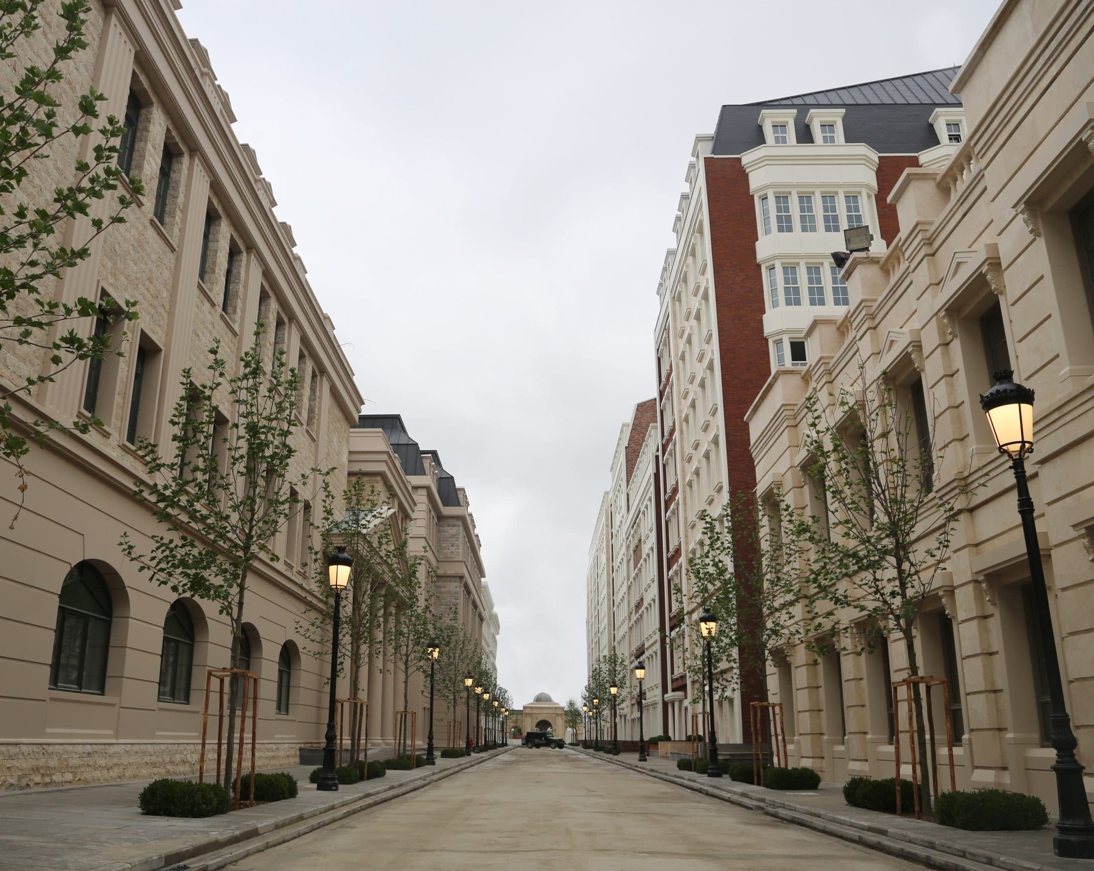 A campus avenue between university buildings and lamp posts, with no people in view.