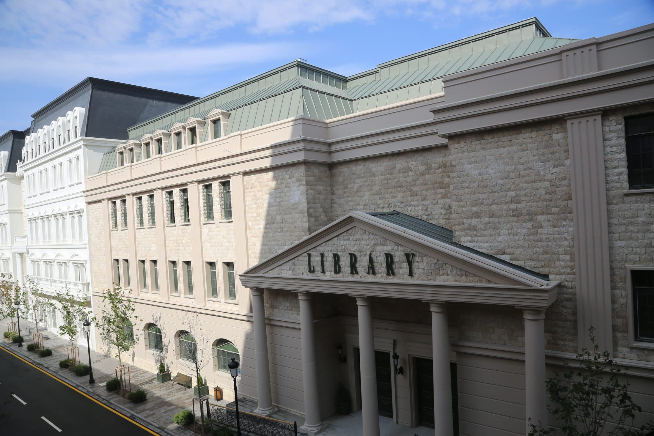 A classical portico whose pediment is inscribed Library.